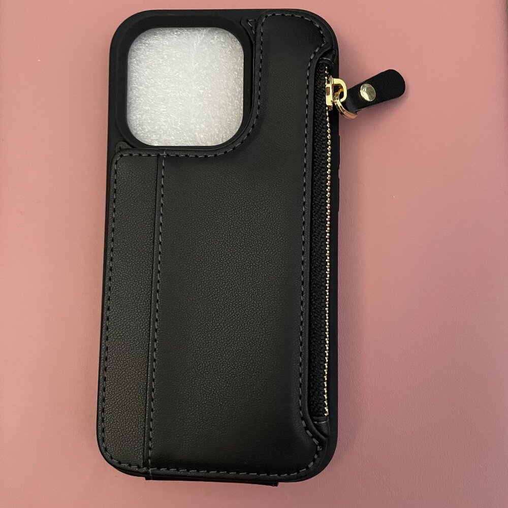 Black, iPHONE 14 Pro, Faux Leather, Goldtone Zip up Wallet, Phone Case, NEW!